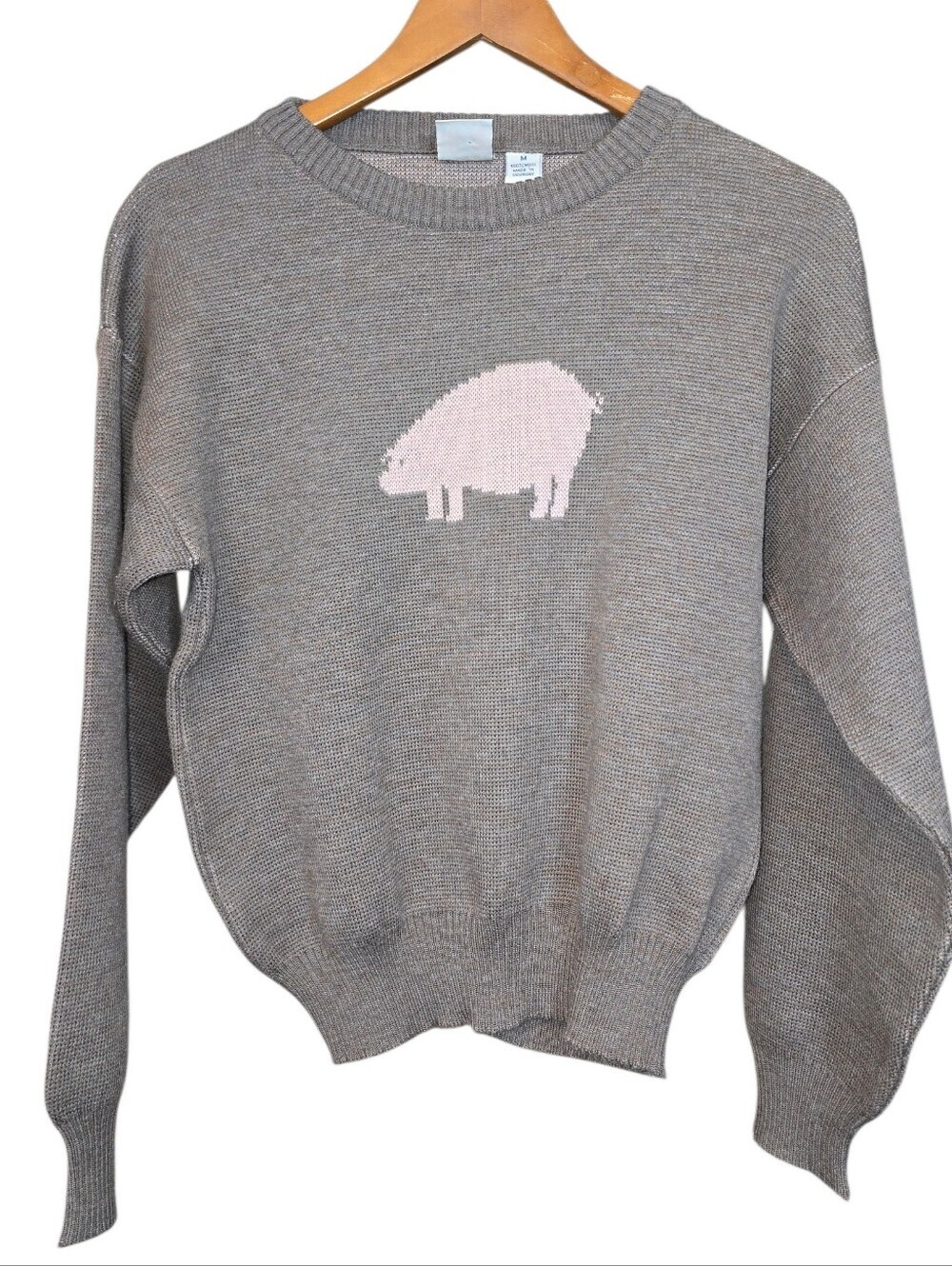 Vintage J.G. Hook 100% Wool Pig Sweater Intarsia Farmhouse Cottagecore Tan Pink